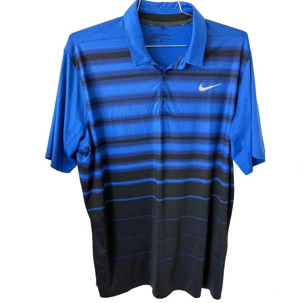 Nike Golf Polo Shirt Mens‎ XL Blue Black Striped Dri-FIT Athletic Training